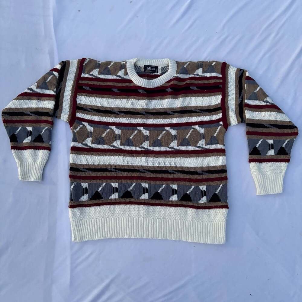 Vintage Atlas Made In USA Geometric Pattern Crewneck Knit Sweater Size Large